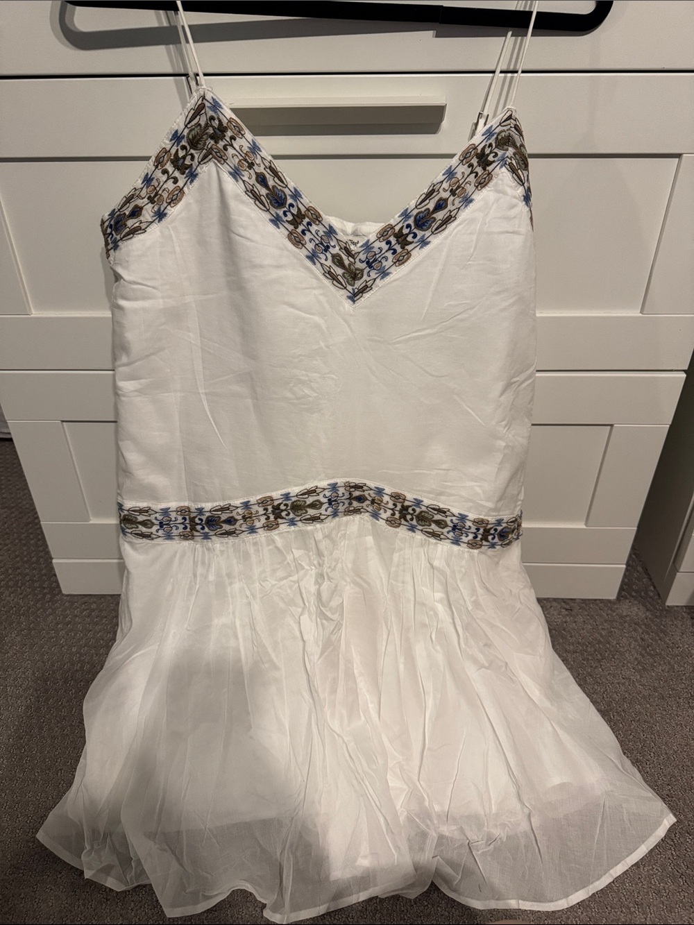 White Spaghetti Strap romper with Blue & Olive Embroidery